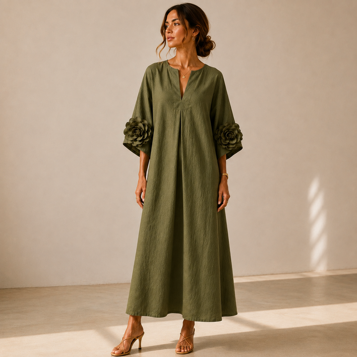 Vestido Midi Verde Oliva con Escote en V y Mangas Florales Extravagantes