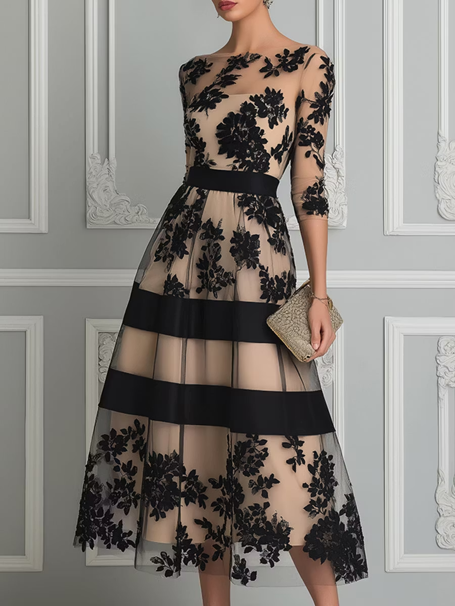 Vestido Midi Elegante de Encaje Negro con Corte en A