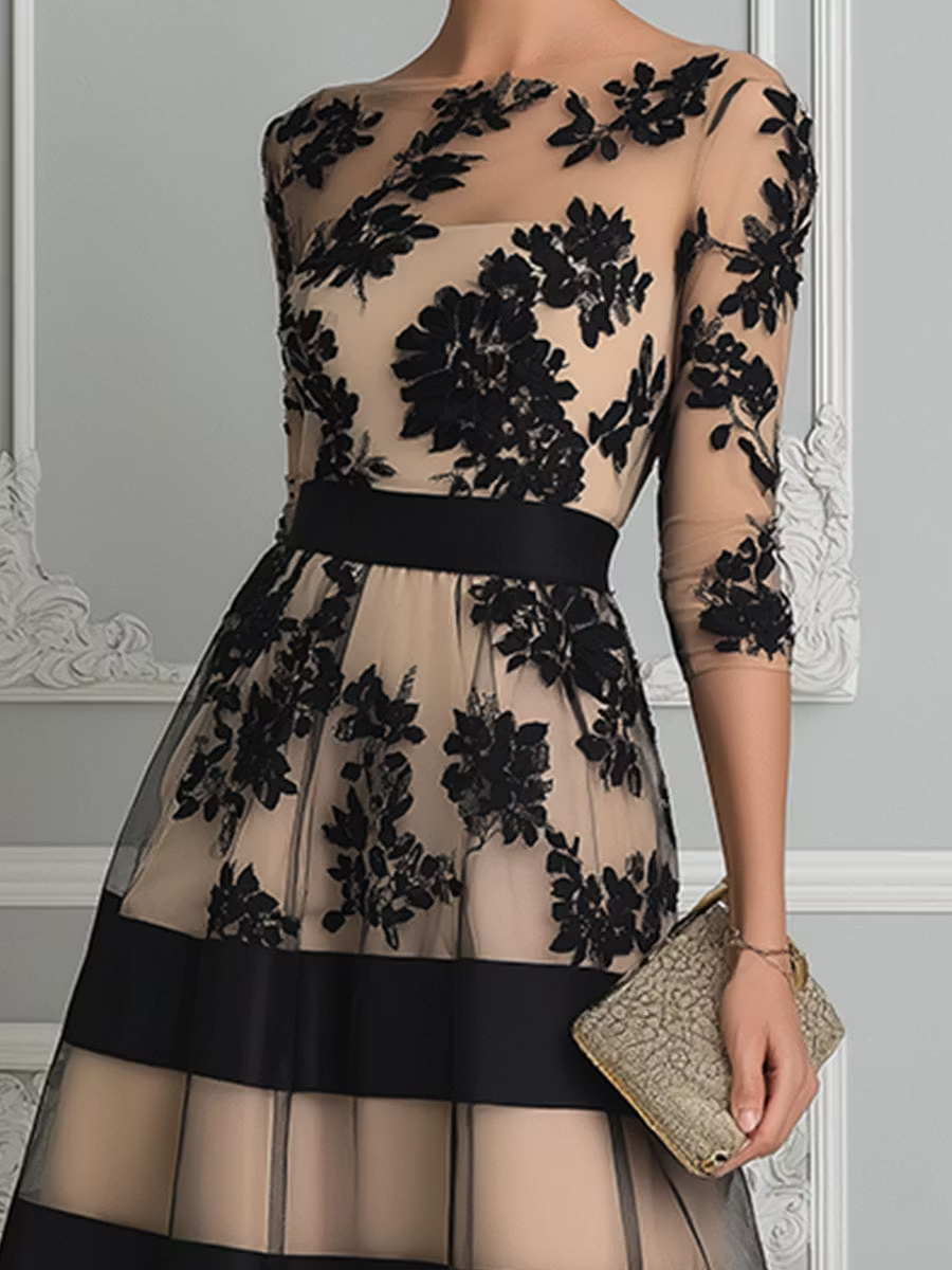 Vestido Midi Elegante de Encaje Negro con Corte en A