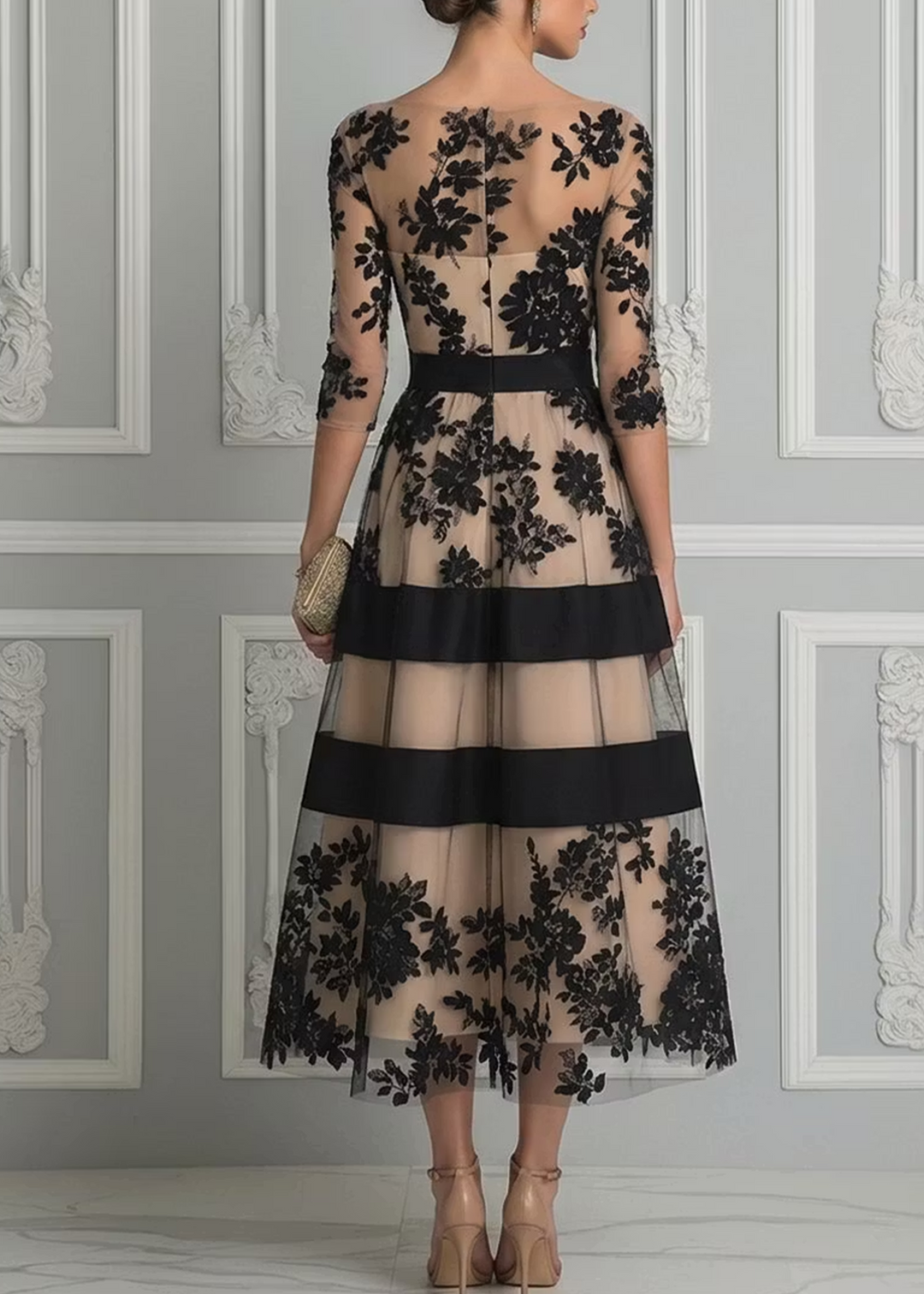 Vestido Midi Elegante de Encaje Negro con Corte en A