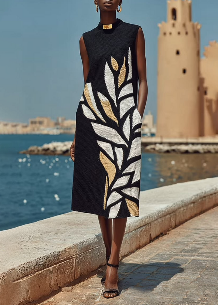 Vestido Midi Negro Largo sin Mangas con Estampado