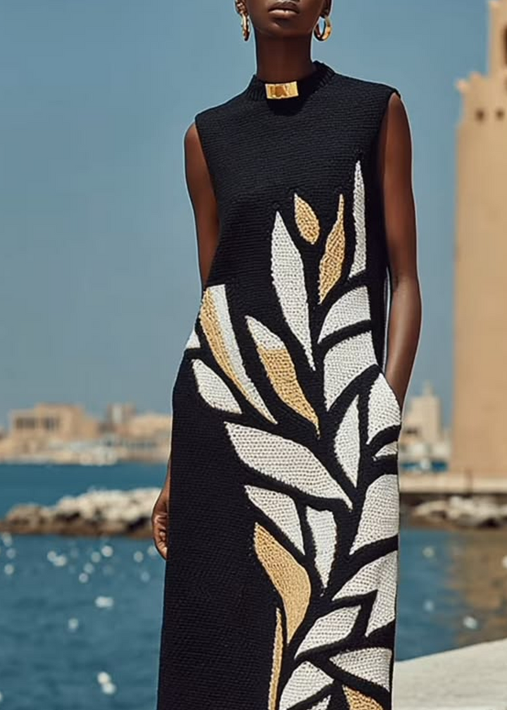Vestido Midi Negro Largo sin Mangas con Estampado