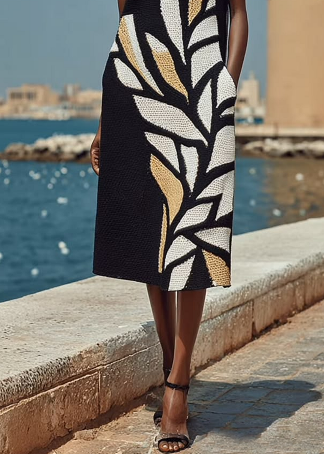 Vestido Midi Negro Largo sin Mangas con Estampado