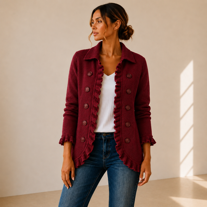 Rosalía | Chaqueta de Punto Rojo Rubí con Volantes