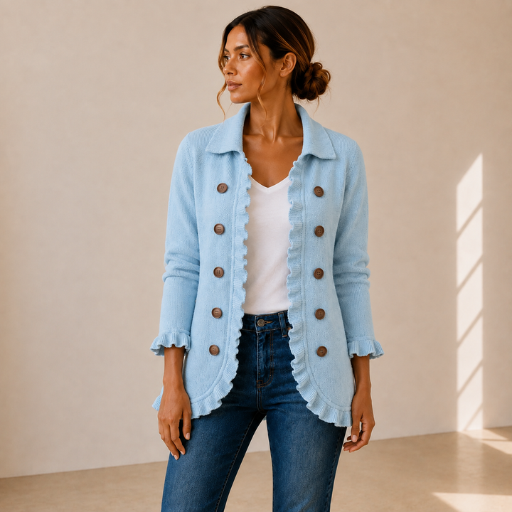 Cecilia | Chaqueta de Punto Azul Empolvado con Volantes