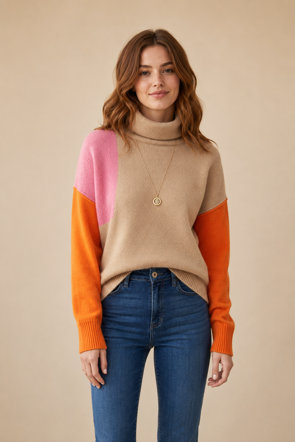 Women’s Knit Sweater with High Collar and Ribbed Cuffs