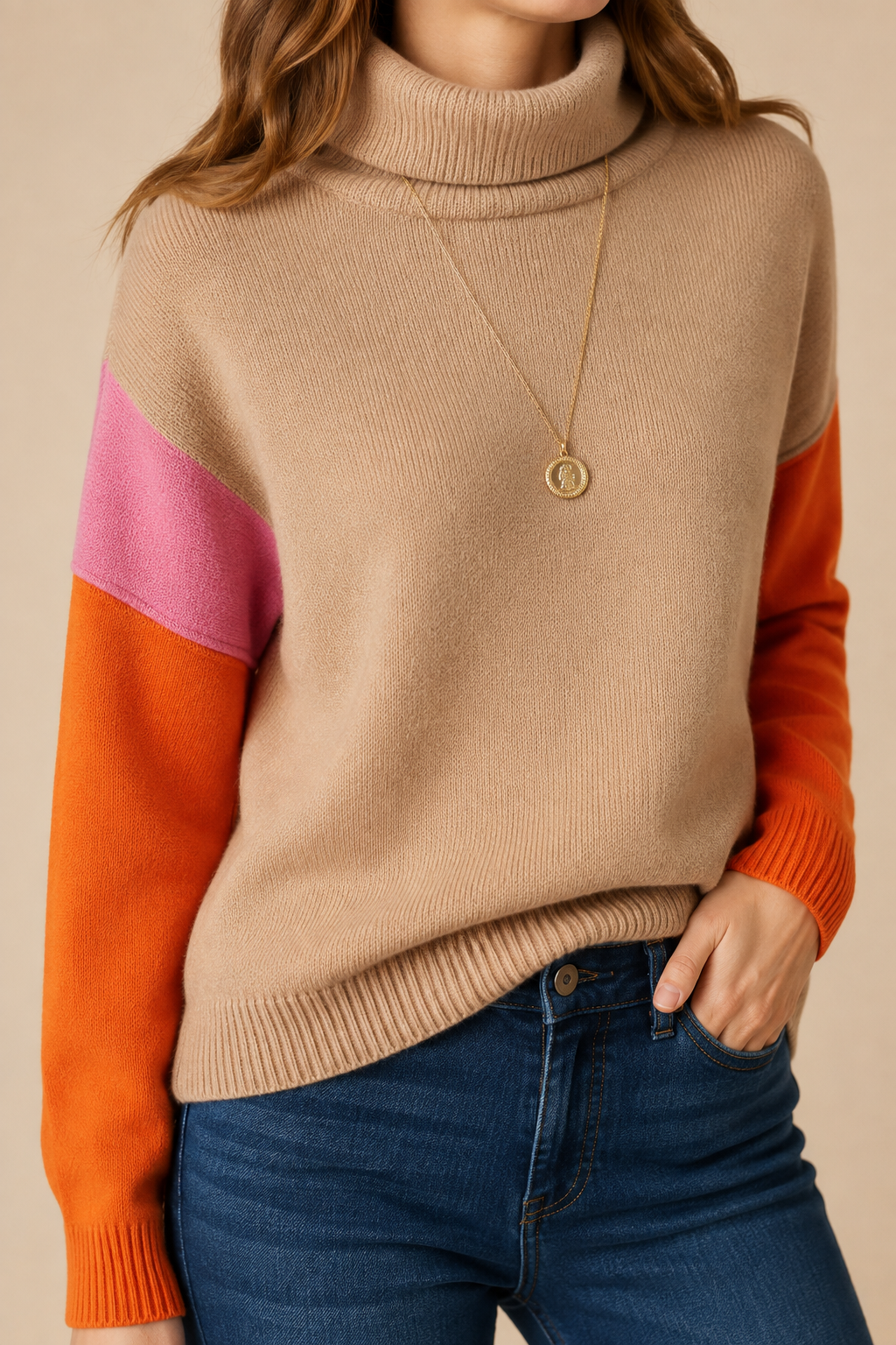 Women’s Knit Sweater with High Collar and Ribbed Cuffs