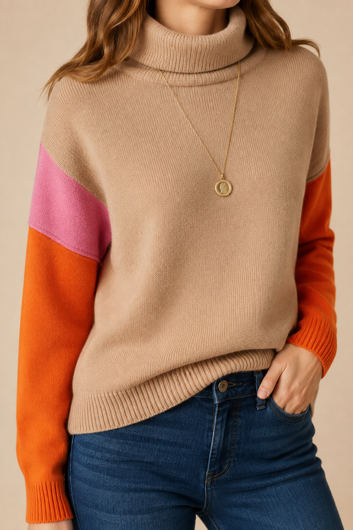 Women’s Knit Sweater with High Collar and Ribbed Cuffs