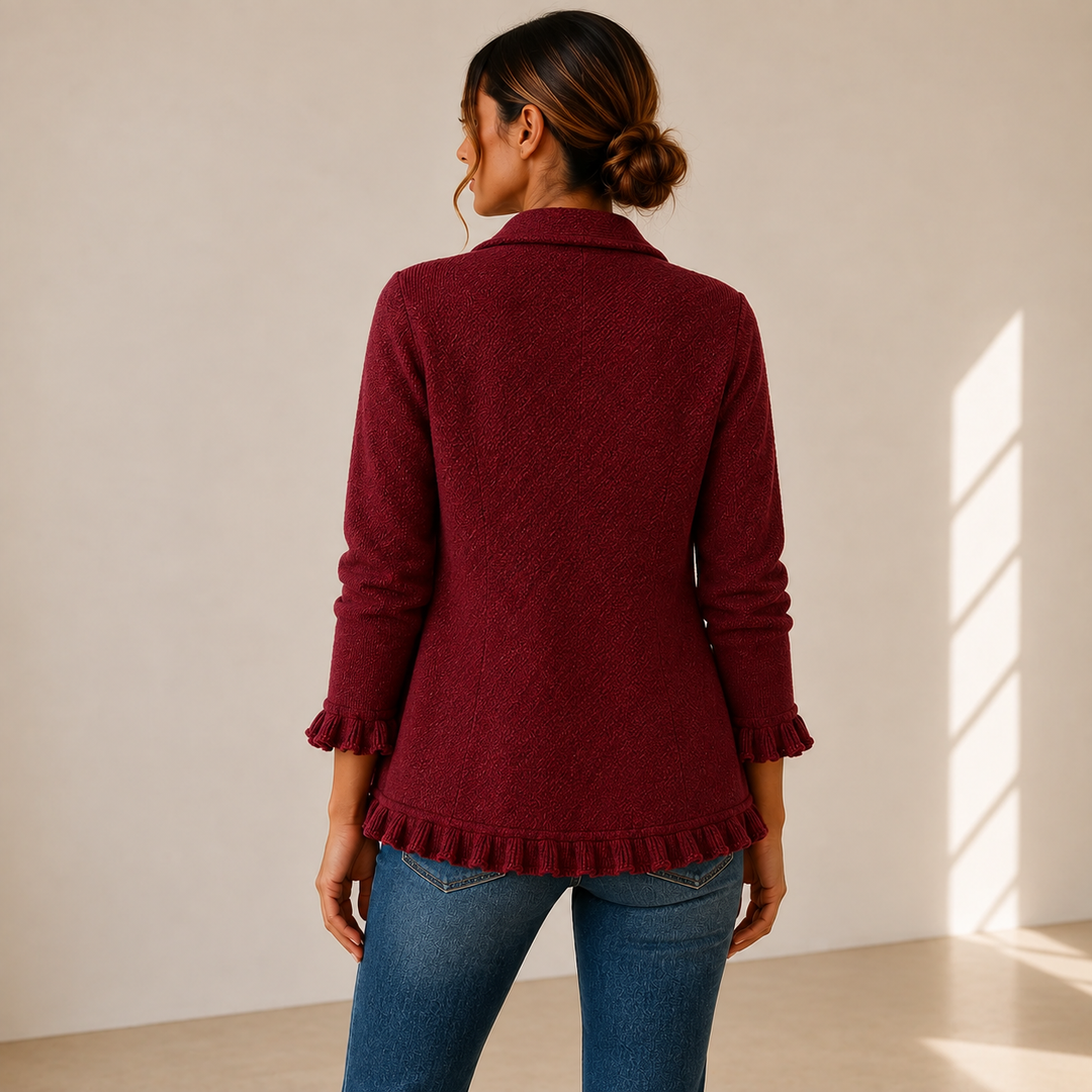 Rosalía | Chaqueta de Punto Rojo Rubí con Volantes
