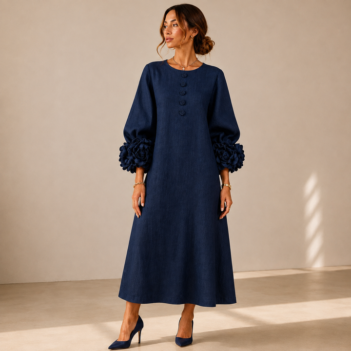 Vestido Midi Azul Marino con Botones Florales y Mangas Florales Extravagantes
