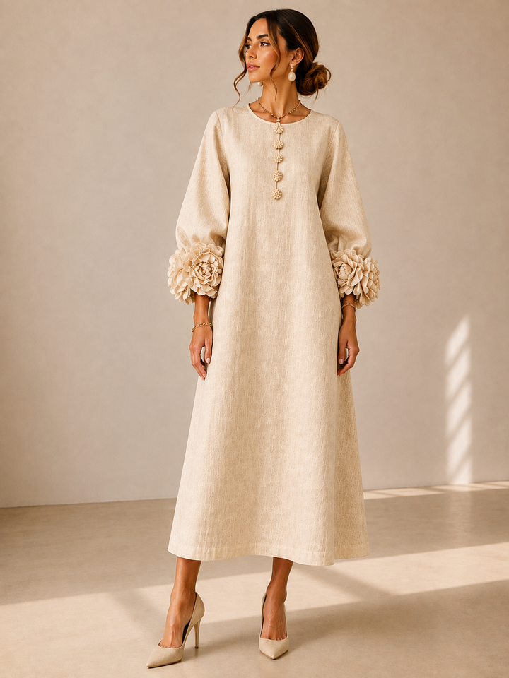Vestido Midi Beige con Botones Florales y Mangas Florales Extravagantes
