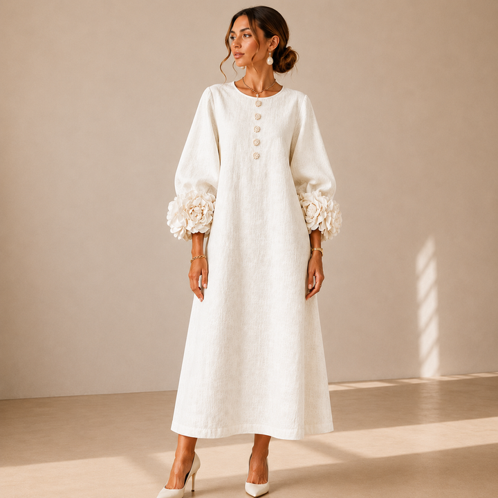 Vestido Midi Blanco con Botones Florales y Mangas Decoradas