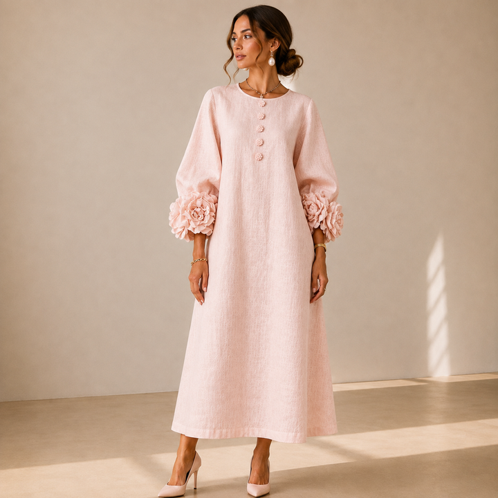 Vestido Midi Rosa con Botones Florales y Mangas Florales Extravagantes