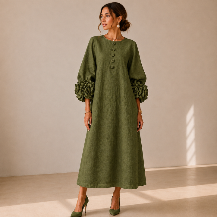 Vestido Midi Verde Oliva con Botones Florales y Mangas Florales Extravagantes