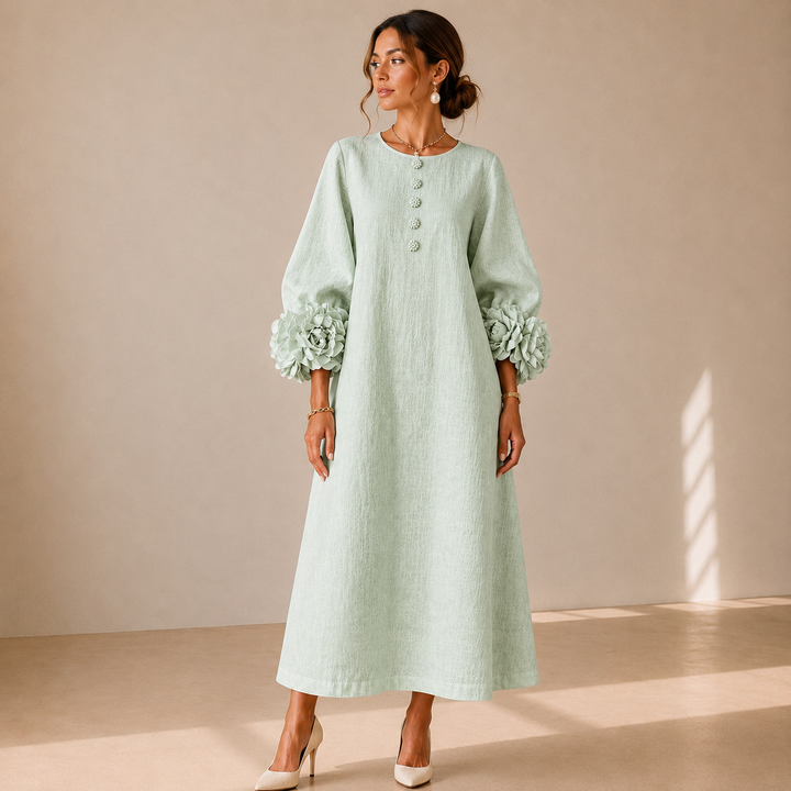 Vestido Midi Verde Salvia Místico con Botones Florales y Mangas Florales Extravagantes