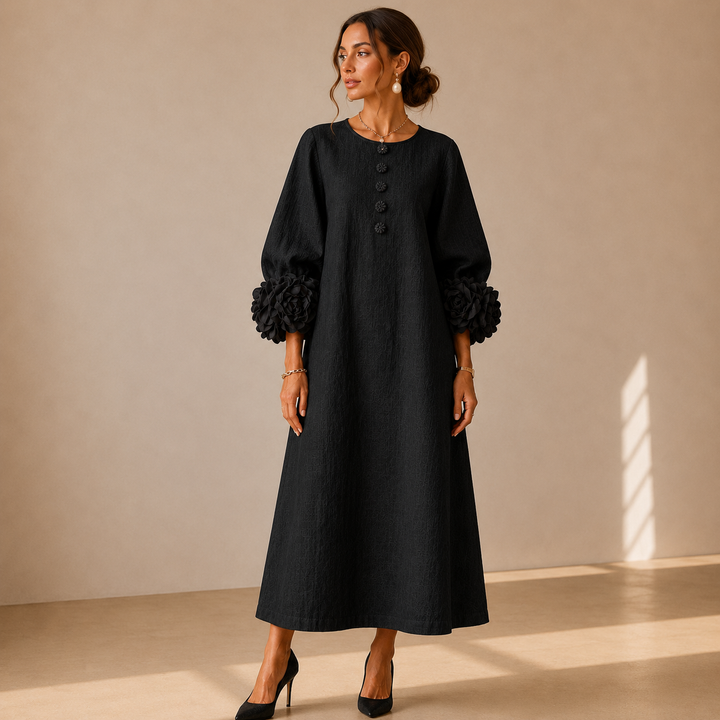 Vestido Midi Negro con Botones Florales y Mangas Florales Extravagantes