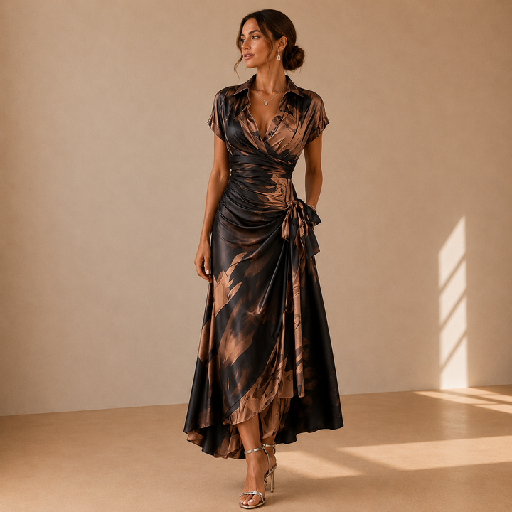 Vestido Midi Cruzado con Estampado Abstracto Rojo y Negro, Escote en V, Manga Corta, Cintura Ajustable y Bajo Asimétrico con Volantes