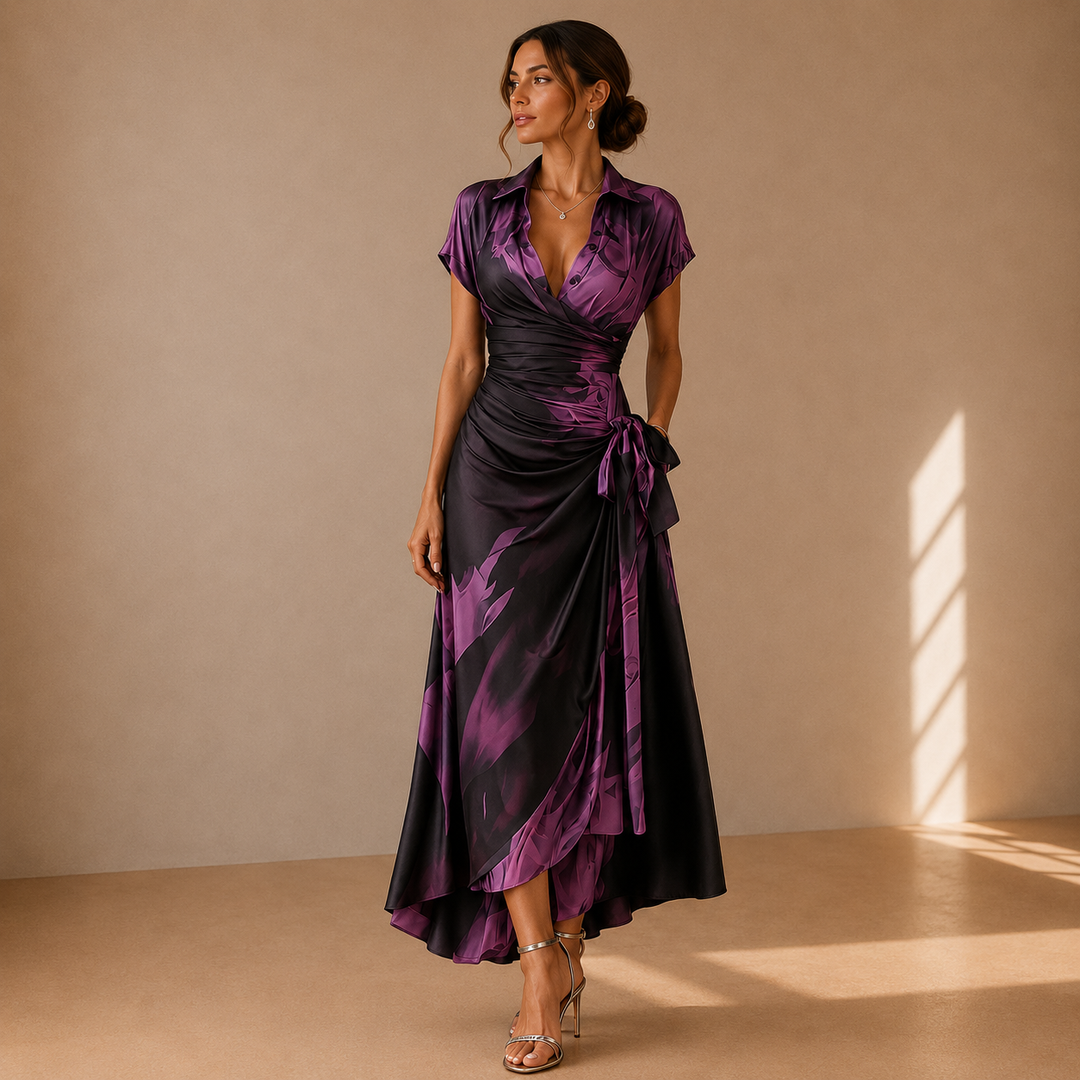 Vestido Midi Cruzado con Estampado Abstracto Rojo y Negro, Escote en V, Manga Corta, Cintura Ajustable y Bajo Asimétrico con Volantes