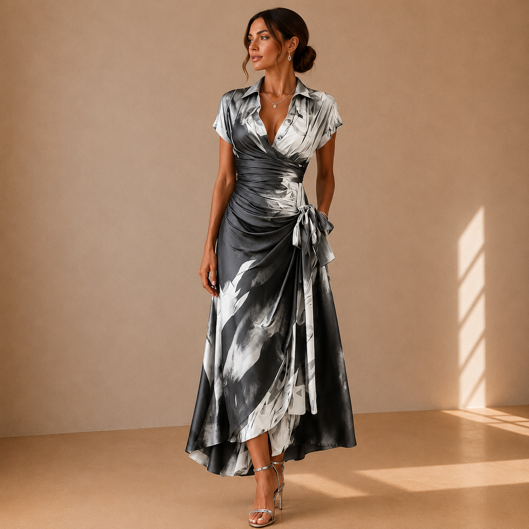 Vestido Midi Cruzado con Estampado Abstracto Rojo y Negro, Escote en V, Manga Corta, Cintura Ajustable y Bajo Asimétrico con Volantes