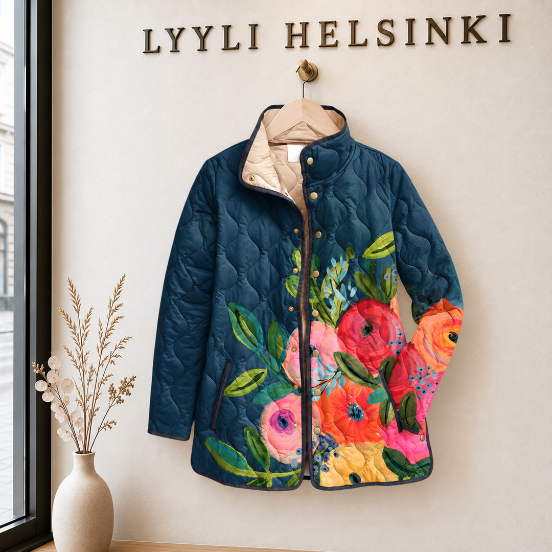 Vuokko | Petrolinsininen unikkokuosinen tikkitakki