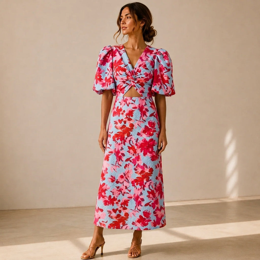 Carla™ | Vestido Midi Floral con Mangas Abullonadas
