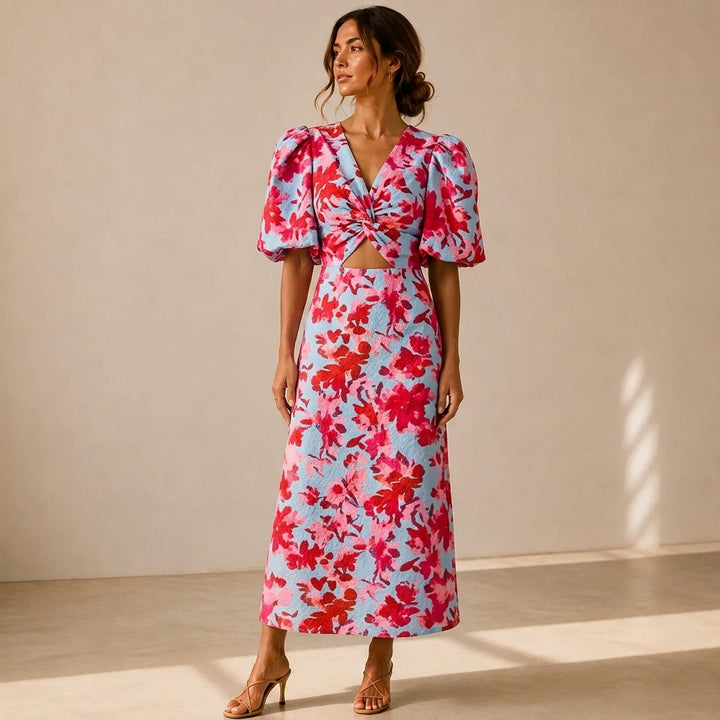 Carla™ | Vestido Midi Floral con Mangas Abullonadas