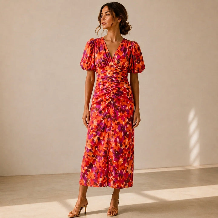 Carla™ | Vestido Midi Floral con Mangas Abullonadas