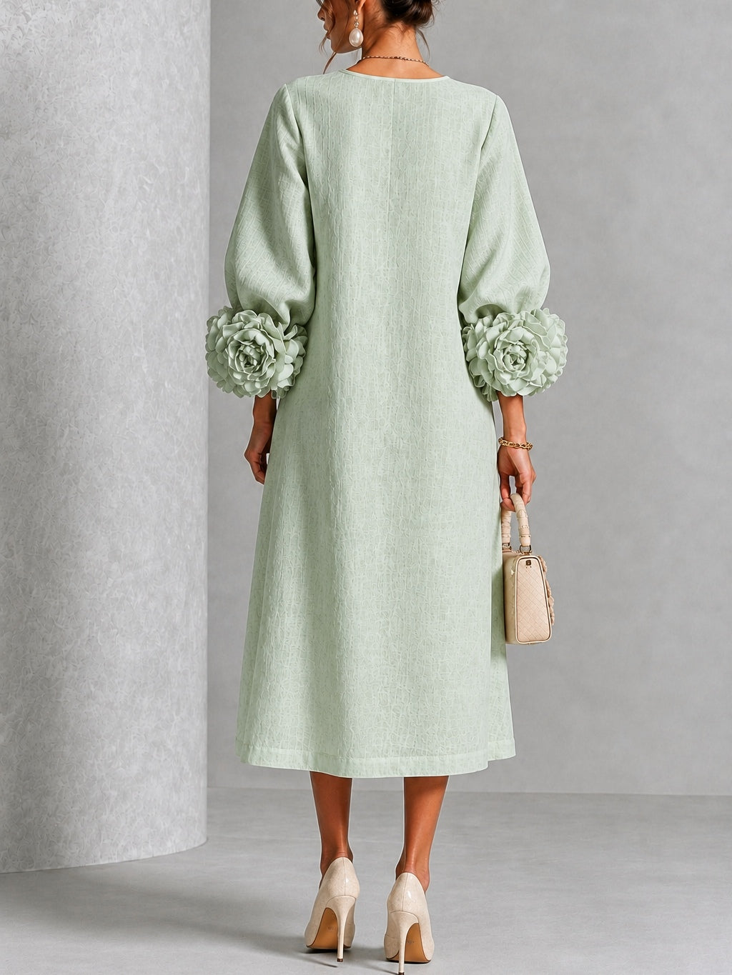 Vestido Midi Verde Salvia Místico con Botones Florales y Mangas Florales Extravagantes
