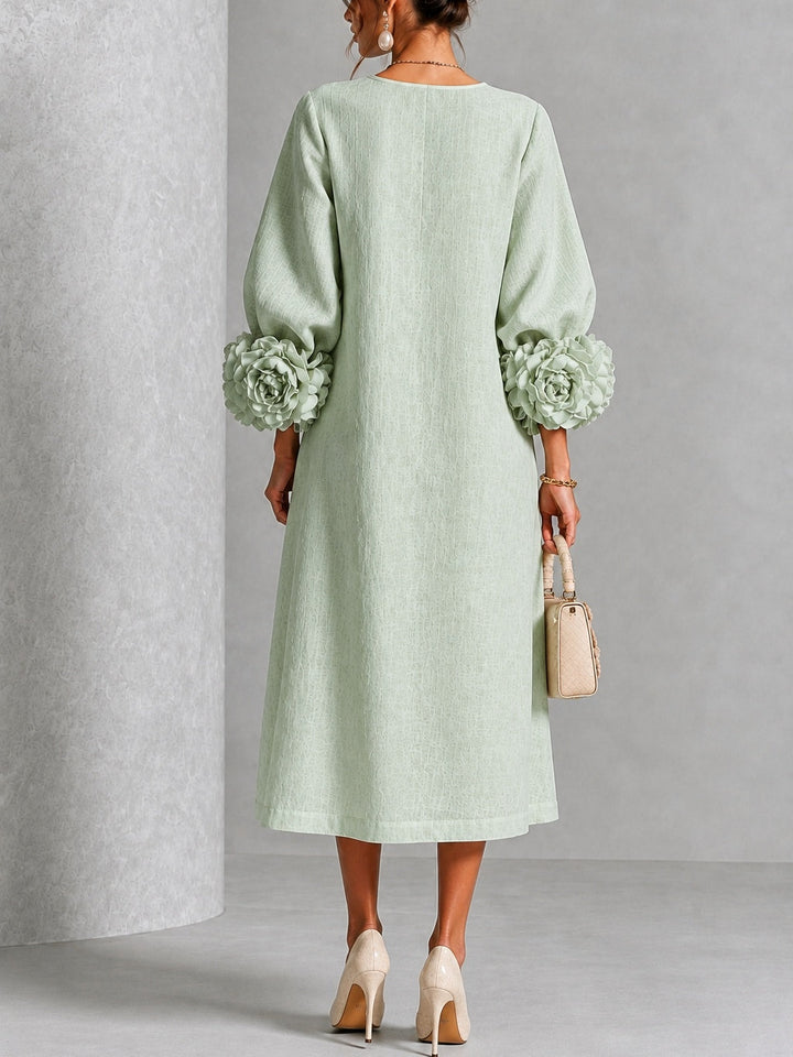 Vestido Midi Verde Salvia Místico con Botones Florales y Mangas Florales Extravagantes