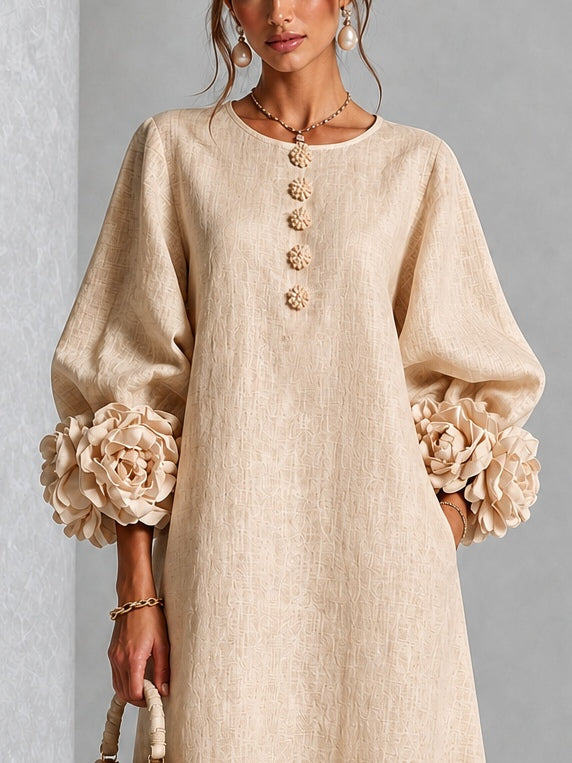 Vestido Midi Beige con Botones Florales y Mangas Florales Extravagantes
