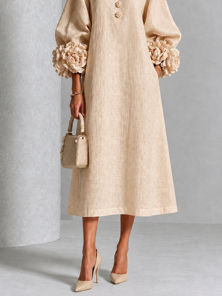 Vestido Midi Beige con Botones Florales y Mangas Florales Extravagantes