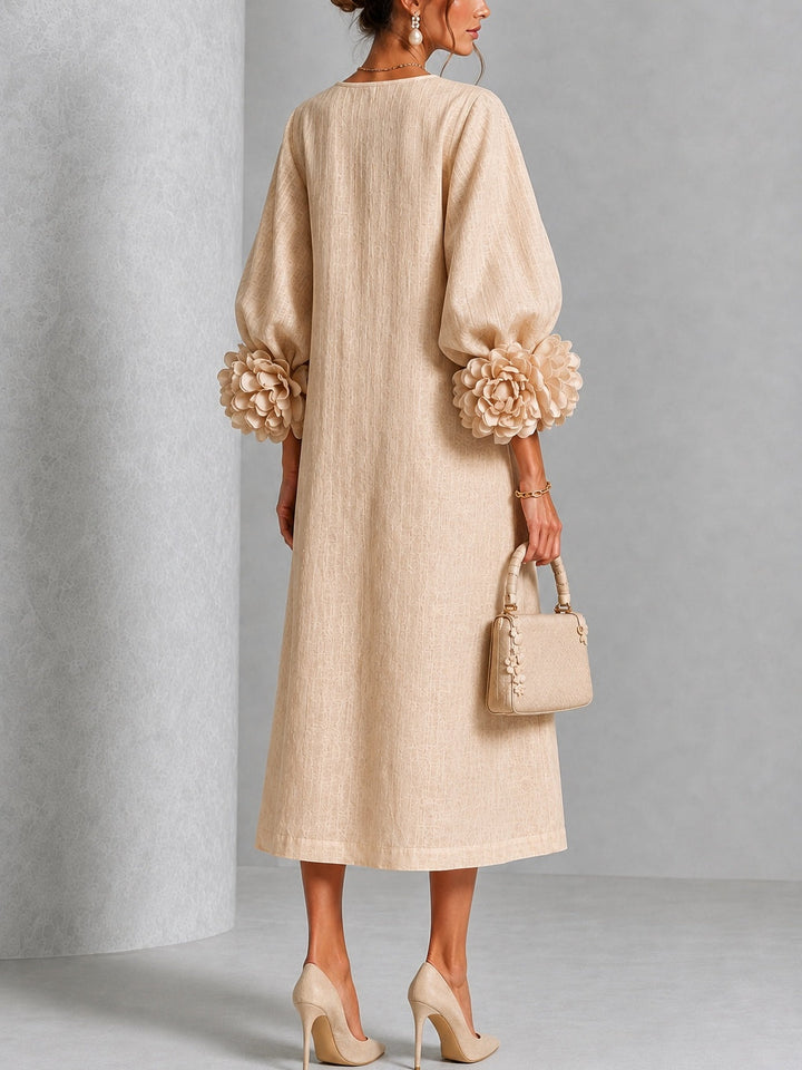 Vestido Midi Beige con Botones Florales y Mangas Florales Extravagantes