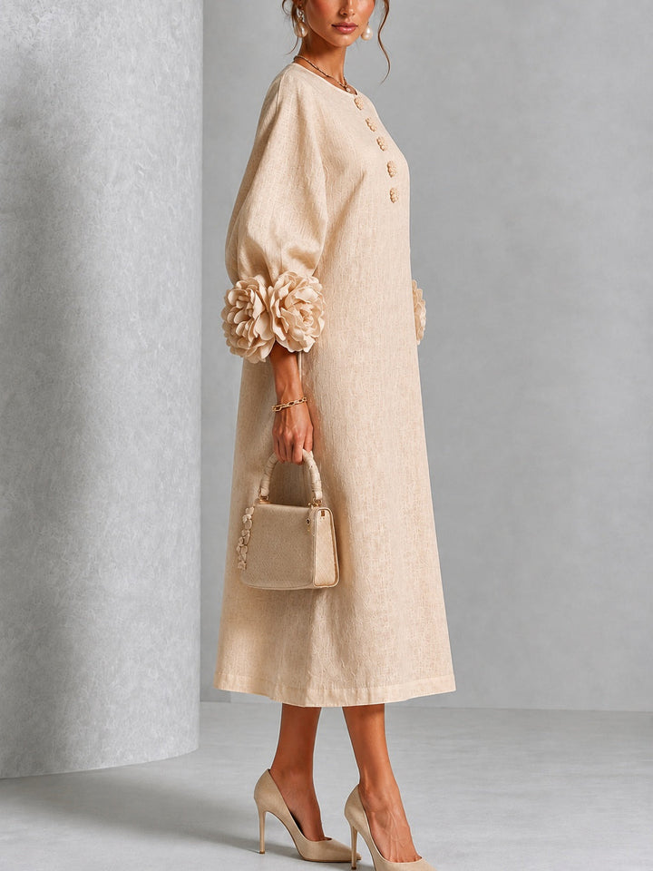 Vestido Midi Beige con Botones Florales y Mangas Florales Extravagantes