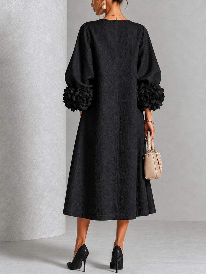Vestido Midi Negro con Botones Florales y Mangas Florales Extravagantes