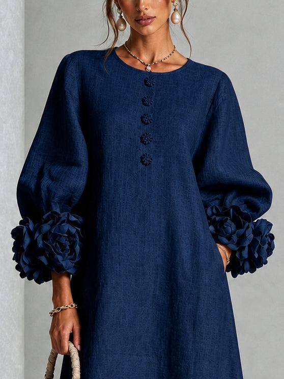 Vestido Midi Azul Marino con Botones Florales y Mangas Florales Extravagantes