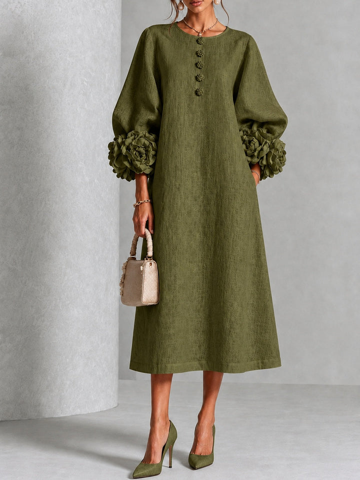 Vestido Midi Verde Oliva con Botones Florales y Mangas Florales Extravagantes