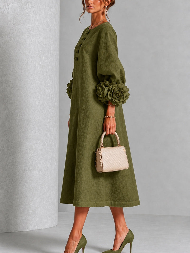 Vestido Midi Verde Oliva con Botones Florales y Mangas Florales Extravagantes