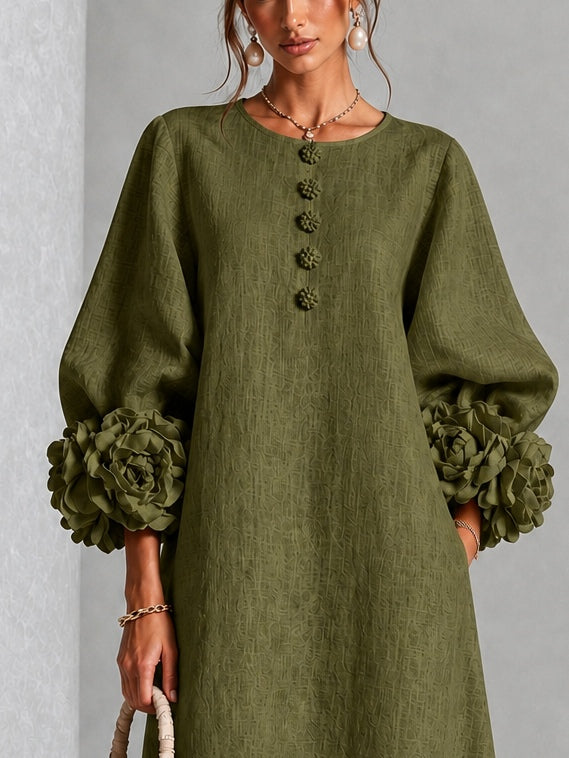 Vestido Midi Verde Oliva con Botones Florales y Mangas Florales Extravagantes