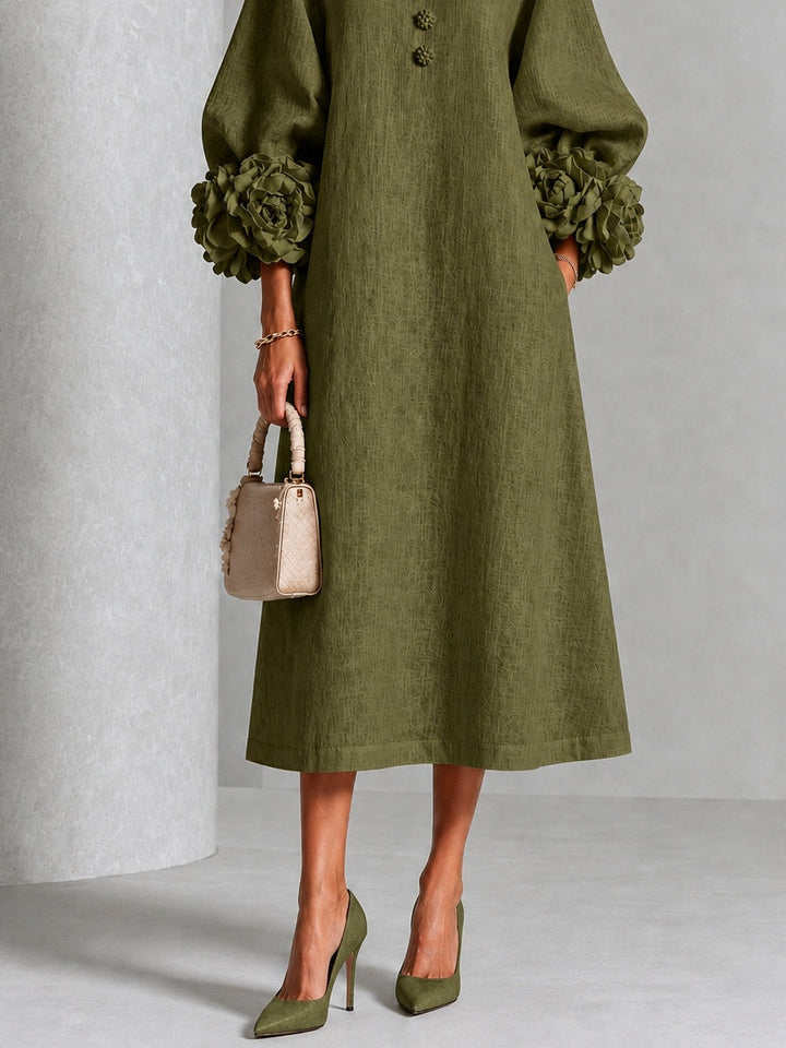 Vestido Midi Verde Oliva con Botones Florales y Mangas Florales Extravagantes