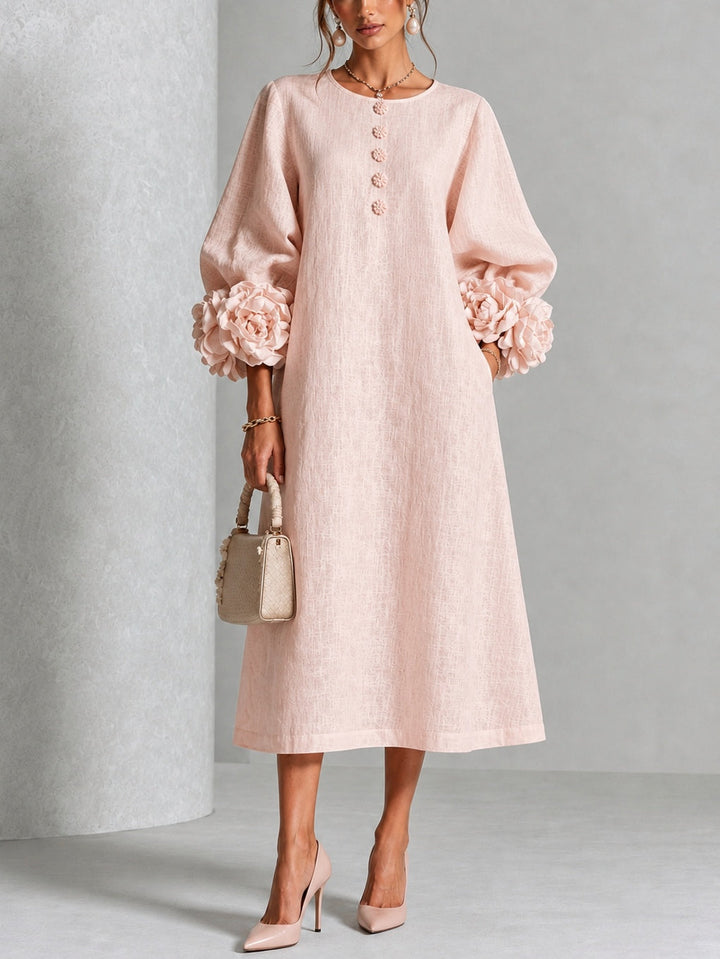 Vestido Midi Rosa con Botones Florales y Mangas Florales Extravagantes
