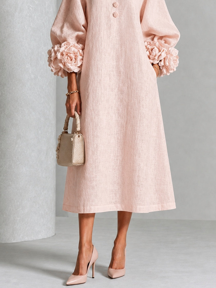Vestido Midi Rosa con Botones Florales y Mangas Florales Extravagantes
