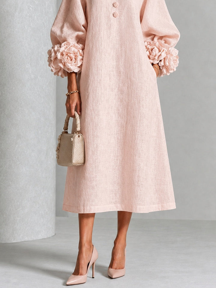 Vestido Midi Rosa con Botones Florales y Mangas Florales Extravagantes