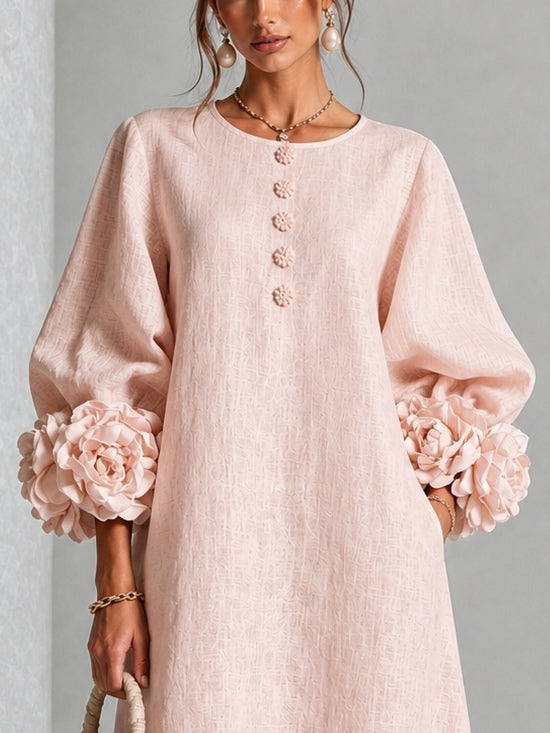 Vestido Midi Rosa con Botones Florales y Mangas Florales Extravagantes