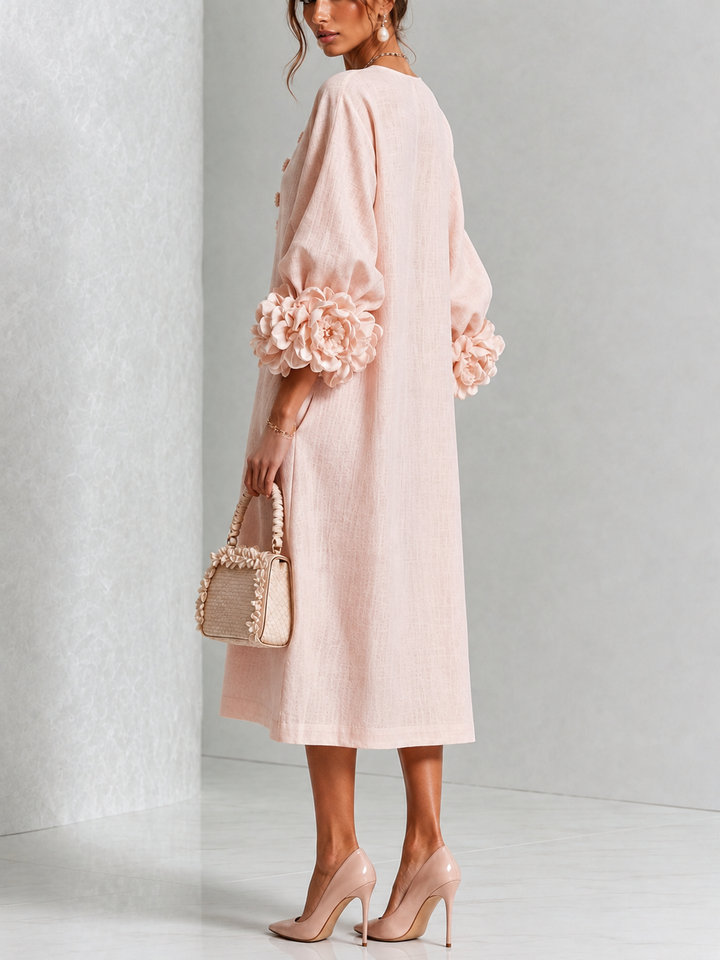 Vestido Midi Rosa con Botones Florales y Mangas Florales Extravagantes