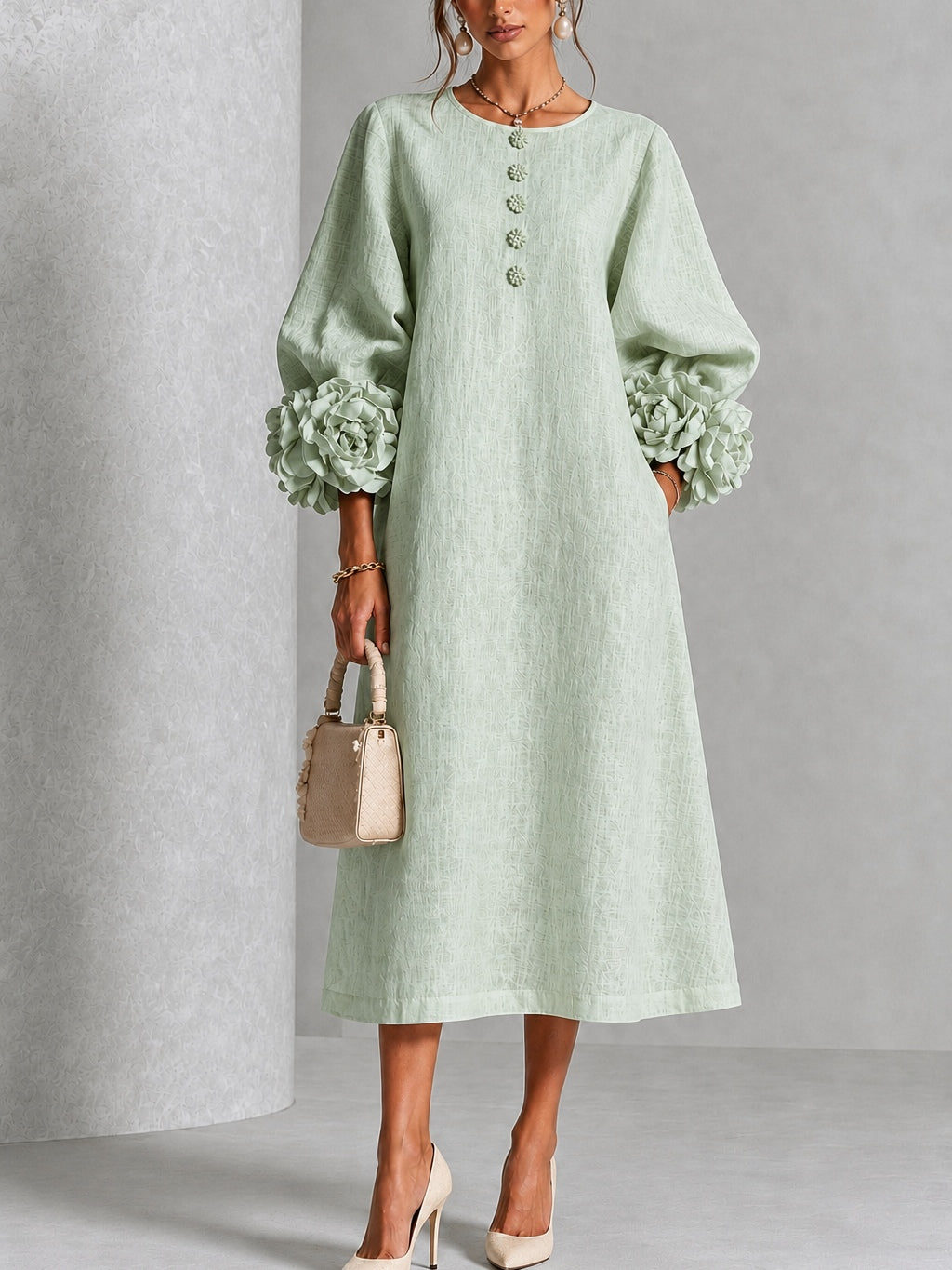 Vestido Midi Verde Salvia Místico con Botones Florales y Mangas Florales Extravagantes