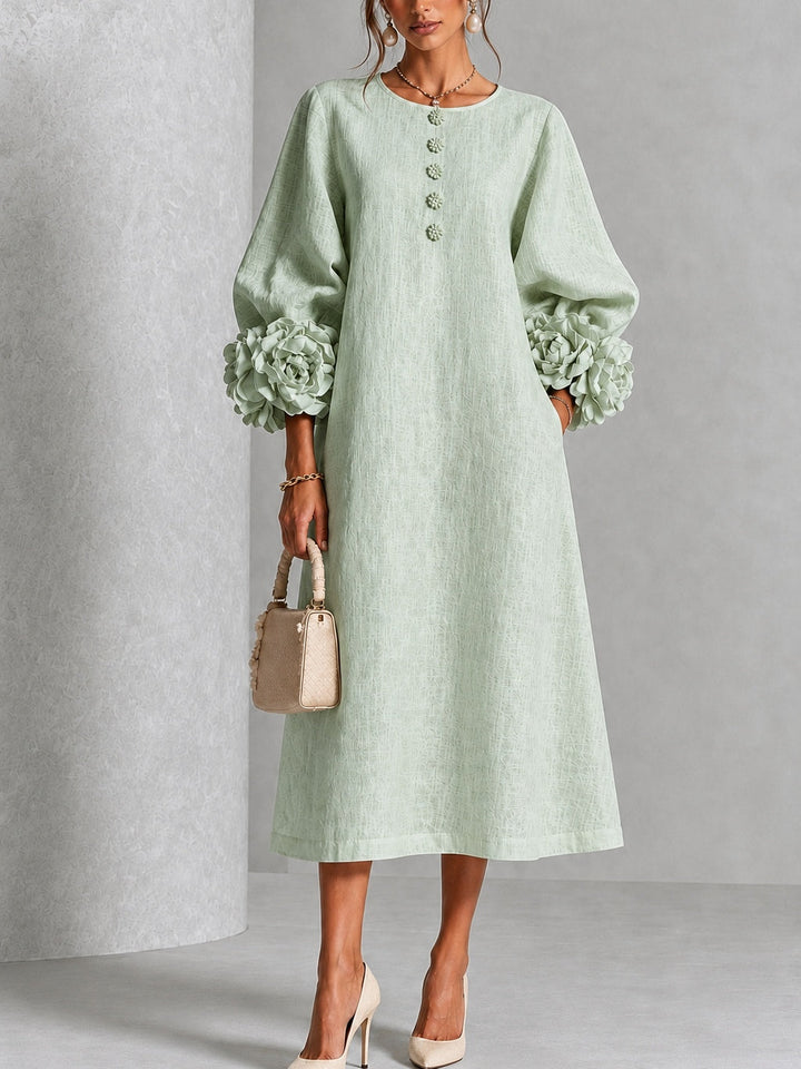 Vestido Midi Verde Salvia Místico con Botones Florales y Mangas Florales Extravagantes