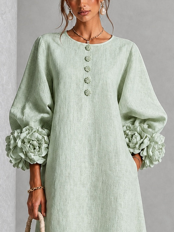 Vestido Midi Verde Salvia Místico con Botones Florales y Mangas Florales Extravagantes