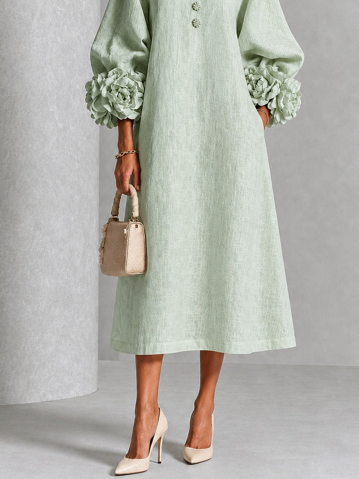 Vestido Midi Verde Salvia Místico con Botones Florales y Mangas Florales Extravagantes