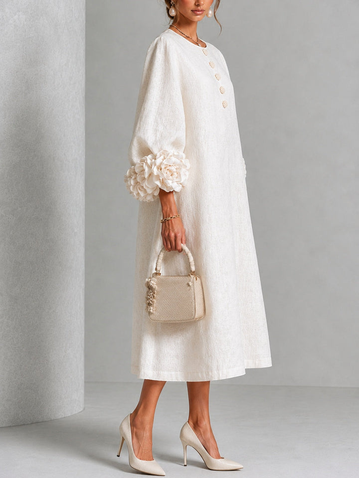 Vestido Midi Blanco con Botones Florales y Mangas Decoradas