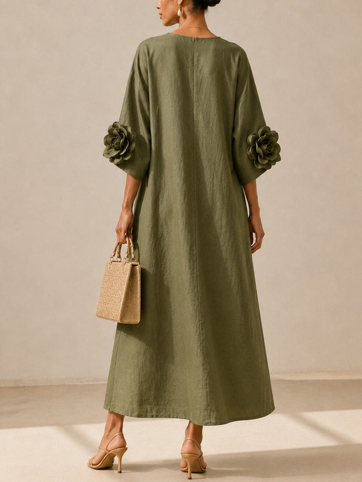 Vestido Midi Verde Oliva con Escote en V y Mangas Florales Extravagantes